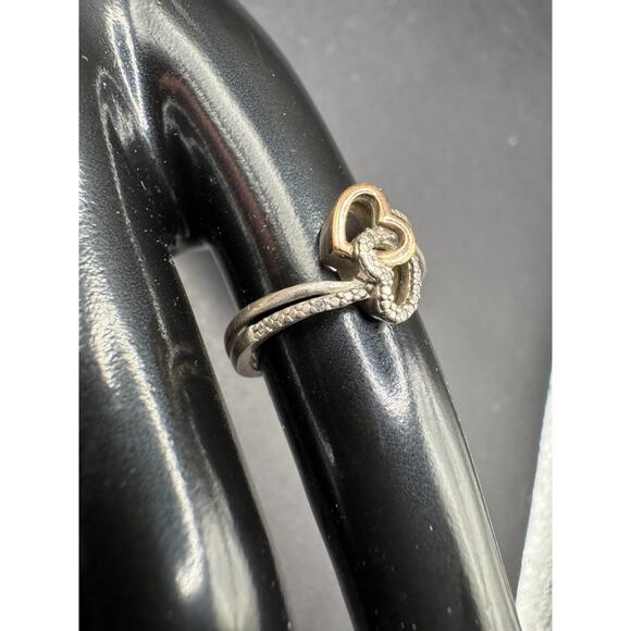 PJ Sterling Silver 925 10K Gold Accent Diamonds Double Open Heart Ring Sz 6.5 - Picture 2 of 13